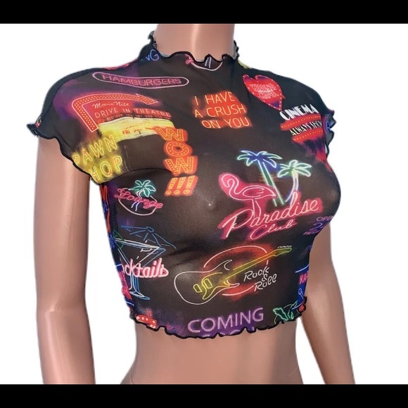 Y2K Sheer Mesh Hollywood Las Vegas Neon Sign Rave Paradise Club Crop Top New - Picture 3 of 4
